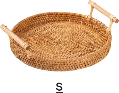 Imagen del producto de Cesta redonda de mimbre para pan, bandeja de servicio tejida con asas, ideal para servir galletas, cenas, café y desayuno (tamaños pequeño/mediano)