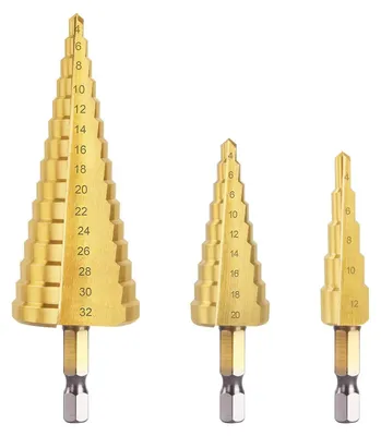 Obrázek produktu pro 3 kusy kovového stupňového profilu, 4–12/20/32 mm, plochý kovový trojúhelník, kuželový, titan, HSS, šestihranný, šestihranný mechanismus pro pohled na kov, dřevo, ocel, hliník, plast