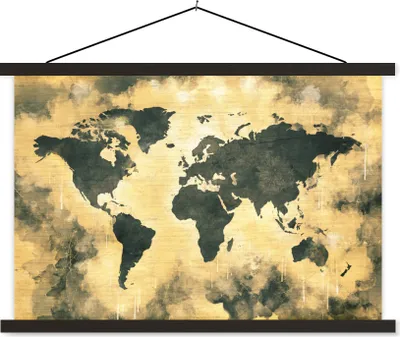 Produktbild von MuchoWow® Textilposter Weltkarte - Schwarz - Braun 60x40 cm mit schwarzem Rahmen - Hölzernes