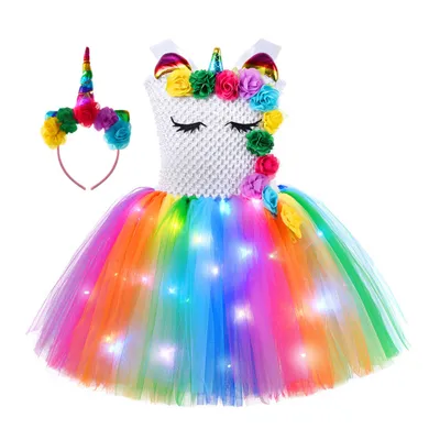 Produktbild von Tutu-LED-Regenbogen-Einhornkleid für Mädchen, farbenfrohes Leuchtkostüm, Kinder-Partykleid L