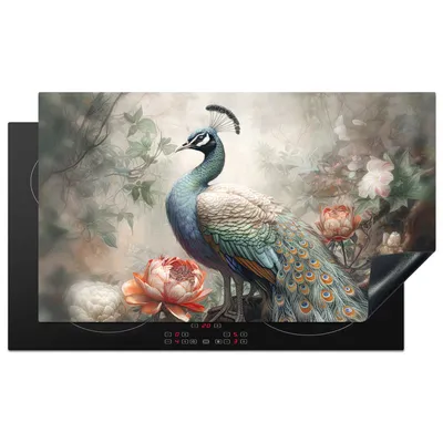 Produktbild von KitchenYeah© Herdabdeckplatte Pfau - Pfauenfedern - Vogel - Dschungel - Blumen , 91x52cm, Küche Deko, Glaskeramikkochfeld Herdabdeckung, Abdeckplatte fùr Kochfeld