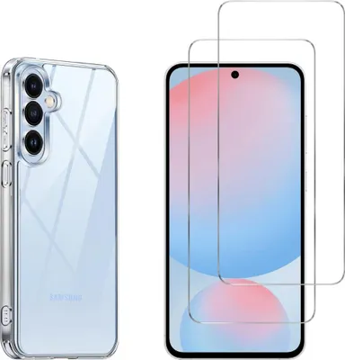 A clear phone case and screen protectors are displayed side-by-side against a white background.