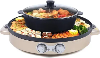 Produktbild von Hot Pot mit Grill - Elektrischer 2‑in‑1 Tischgrill und Kochtopf - Anti‑Verbrühungsgriffe - Für Steak, Meeresfrüchte, Fleisch, Gemüse