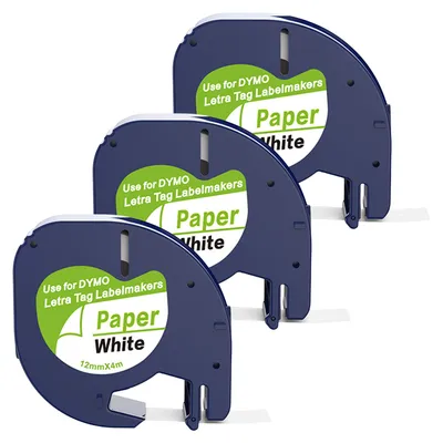 Produktbild von Boxstuff - Dymo LetraTag 91200 - S0721510 - Etikettenband - Schwarz auf weißem Papier - 12 mm x 4 m - 3 Stück