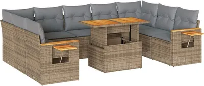 Produktbild von Modulare Garten-Sofagarnitur, 10-teilig, Beige Poly Rattan & Akazienholz, Stauraum, wasserfester Beutel, klappbare Ablage, UV-beständig