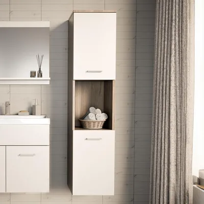 Produktbild von Hochschrank 'Krildihana' mit 2 Türen wandmontiert 131 x 30 x 30 cm Eicheoptik / Weiß
