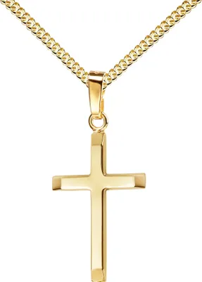 Produktbild von Anhänger-Kreuz Goldkreuz für Damen, Herren und Kinder mit abgeflachten Kanten als Kettenanhänger 585 Gold 14 Karat mit Panzerkette vergoldet mit Schmuck-Etui