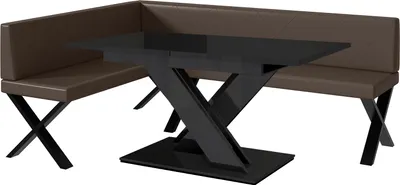 Produktbild von MEBLINI Eckbank für Esszimmer mit ausziehbarem Tisch - Küchenbank - Essecke - Sitzecke Küche - ERIC - X-Beine 142x196x87cm Links - Braun Kunstleder/B Schwarz Hochgl.