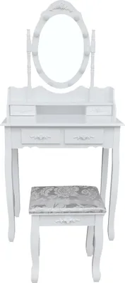A white vanity table with a lighted mirror and a matching stool, set against a white background.