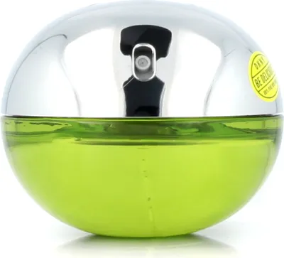 A close-up, front-facing shot of a DKNY Be Delicious perfume bottle.