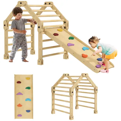 Productafbeelding van 3-in-1 opvouwbaar klimrek met ladder en glijbaan/klimwand, gemaakt van hout, voor kinderen van 1,5 tot 4 jaar.