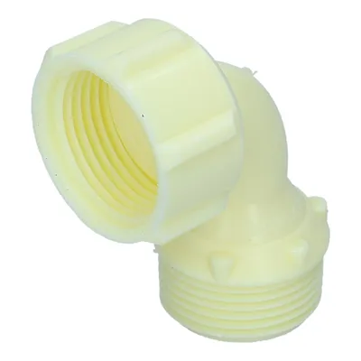 A plastic elbow pipe fitting with threaded connections.