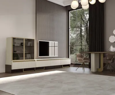 Image de Ensemble moderne pour salon : meuble TV et vitrine avec des accents dorés