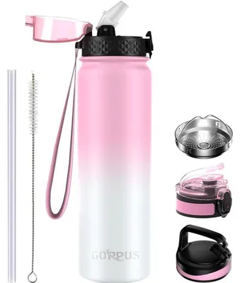 Productafbeelding van Thermosfles met rietje, 1 liter, roestvrij staal, lekvrij, BPA-vrij, roze/wit