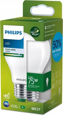 Produktbild von Philips Filament-Lampe, Milchglas, 75W A60 E27, 5,2 W, 75 W, E27, 1095 lm, 50000 h, Kaltweiße