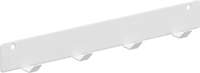 A white hook rail with four hooks against a white background.
