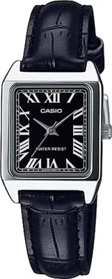 A close-up studio shot of a women's Casio watch with a black leather strap and a black face with Roman numerals.