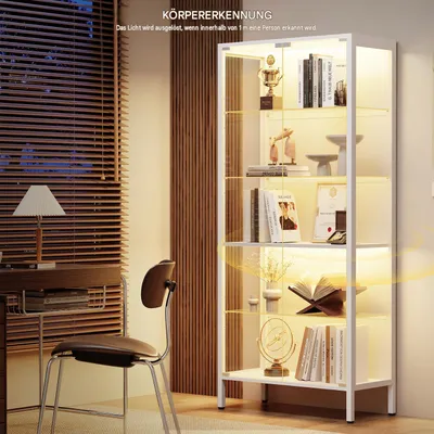 Produktbild von BROTTAR 64" Glasvitrine Weiß mit 5 verstellbaren Glasböden, LED-Beleuchtung, Bewegungssensor und gehärtetem Glas für Bücher, Trophäen und Deko, Weiß