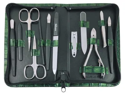 Produktbild von Maniküre Pediküre Set 12-teilig Solingen Qualität Germany – Nagelpflege Set mit Etui Kunstleder Kroko Dunkelgrün