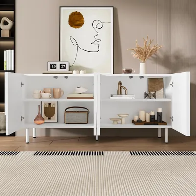 Productafbeelding van MODFU Geometrische keukenkast met onregelmatige vormen en moderne designs. Schoenenkast van MDF en spaanplaat met metalen poten, wit