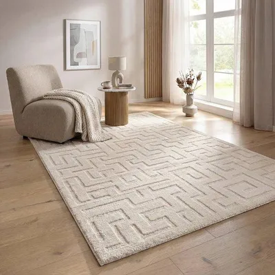 Image de Unyqoos® – Tapis Elisa, design géométrique moderne pour salon et chambre, couleur crème, 160 x 220 cm, en polypropylène/polyester, doux et facile d'entretien
