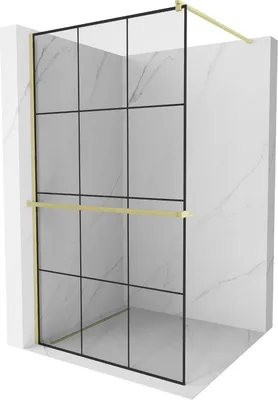 Produktbild von Mexen Kioto+ Duschwand mit Walk-in-Regal 100 x 200 cm, schwarzes Muster, gebürstetes Gold - 800-100-121-55-77