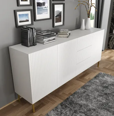 Produktbild von Kommode RAVENNA B 200 cm 3D3S rahmen WEIß MATT / WEIß MATT Sideboard MDF 3 Türen 3 Schubladen mit Metallfüße Beine Golden oder Schwarz Metallrahmen Highboard Schrank offene Regale Büfett mit gefräster fronten