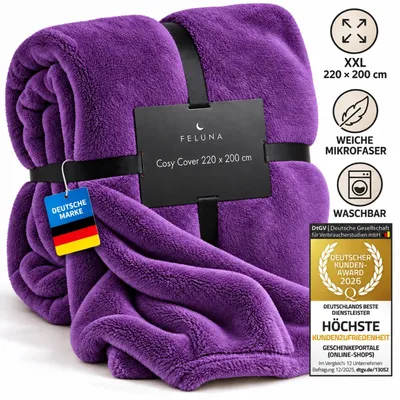 Produktbild von Feluna XXL Kuscheldecke 220x200 cm Violett – Flauschige Premium Wohndecke aus Korallenfleece – Weiche Tagesdecke für Sofa & Bett