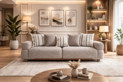 Immagine prodotto di Divano in tessuto grigio, elegante salotto, divano imbottito con struttura in legno