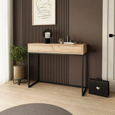 Image de SofaStyle Console LANGO 100 cm - Console à 2 tiroirs, coiffeuse, chêne Artisan avec pieds métalliques noirs