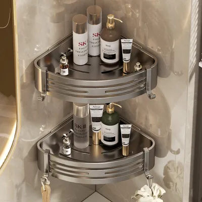Produktbild von Duschregal 2-Stück Eckregal ohne Bohren aus rostfreiem Aluminium Duschablage Selbstklebendes, mit 4 Klebeflächen und 4 Haken,für Bäder Küchen Grau