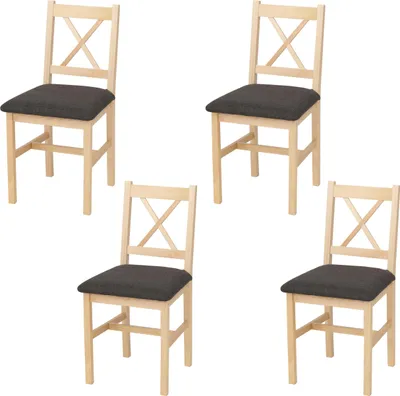 Image de lot de 4 chaises de salle à manger HWC-F77, chaise de cuisine inclinable, bois massif tissu campagne ~ naturel, rembourrage noir