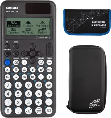 Produktbild von Casio FX-87 DE CW mit CalcCase-Schutztasche und Zirkelset blau