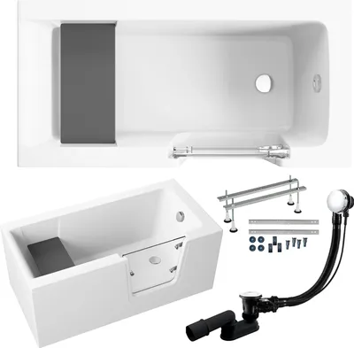 Produktbild von Badewanne Rechteck Set 6in1 140x70 Rechts mit AcrylSchürze, Seniorenbadewanne + Glastür und Holzsitz, Premium Ablaufgarnitur und Füßen | BADLAND AVO