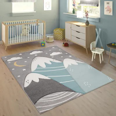 Produktbild von Kinderteppich Teppich Kinderzimmer Junge Mädchen Berge Sterne Wolken 3D Effekt Grau Blau Grösse 133 cm Quadrat