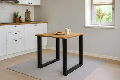 Produktbild von Esstisch Salvador | 80 x 80 cm | Eiche massiv + geölt | Baumkante | U-Gestell Metall Schwarz | pflegeleichter Esszimmertisch/Küchentisch/Eichenholz-Tisch/Holztisch aus Wildeiche