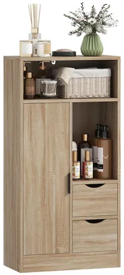 Produktbild von Schmaler Badezimmerschrank mit 2 Schubladen und offenen F?chern, 50 x 25 x 100 cm, Naturholz
