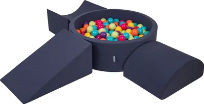 Produktbild von KiddyMoon spielplatz aus schaumstoff mit rund bällebad (200 bälle) ballgruben für babys spielbad hindernisläufen, hergestellt in der eu, dunkelblau:helgrün/gelb/türkis/orange/dpink/violet
