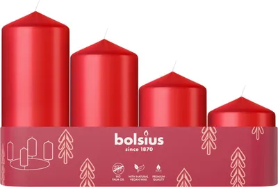 Image de Bougies Bolsius Pillar Avent, Noël, rouges, 60/80/100/120x48 mm, lot de 4 pcs