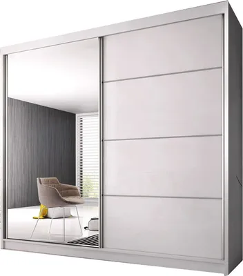 Produktbild von Schiebetürenschrank K006 233x61x218 cm (Weiß) Kleiderschrank, Garderobe, Garderobenschrank mit Einlegeböden und Kleiderstange Eleganter Schiebetürenschrank mit Spiegel und Zierleisten an der Front, Wohnkultur, klassischer Stil, großer Stauraum
