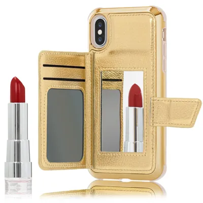 Produktbild von NALIA Schutz Handyhülle für iPhone X XS, Spiegel Case Kunst Leder Etui Handy Tasche Gold