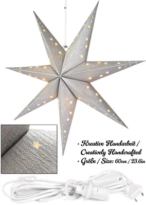 Produktbild von BRUBAKER Weihnachtsstern zum Aufhängen mit E14 Fassung - 60 cm Papierstern Set mit 3,5 m Kabel, Silber