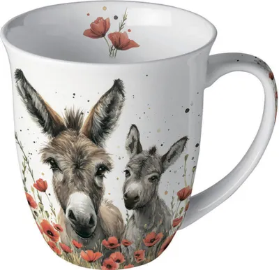 Produktbild von Tasse 10cm Porzellan 0,4L mit Eseln und Mohnblüten Weiß Grau Braun