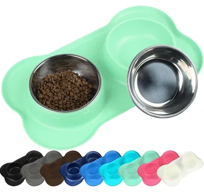 Immagine prodotto di Ciotola per cani, doppia ciotola con tappetino in silicone antiscivolo, acciaio inossidabile, colore verde menta, capacità 450 ml
