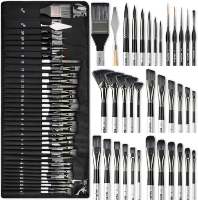 Productafbeelding van Penseelset - Set van 36 - Professionele penselen met paletmes en doekrol - Geschikt voor kunstenaars en beginners voor acrylverf - Olieverf