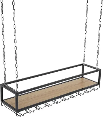 Immagine prodotto di Portabottiglie da parete – Supporto per bottiglie da appendere al soffitto – 100 cm – 1 ripiano – Portabicchieri da vino – Ripiano – Nero