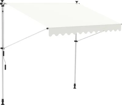 A white awning with a scalloped edge, supported by two silver poles, against a white background.