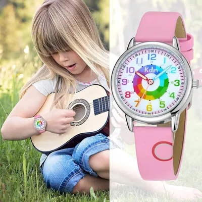Productafbeelding van KDM Waterdicht analoog kinderhorloge voor meisjes en jongens, leer, met leren band