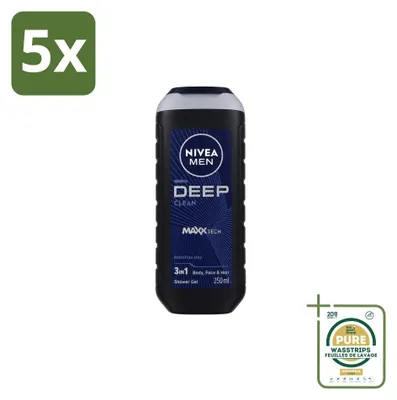Productafbeelding van 5 x Nivea Men Douchegel Deep Clean - 250 ml - Voorraadverpakking - 5 stuks