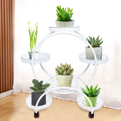 Image de Support pour plantes - Support pour fleurs - 6 pots - Avec roulettes - Métal - Taille des pots : 23 cm - Blanc